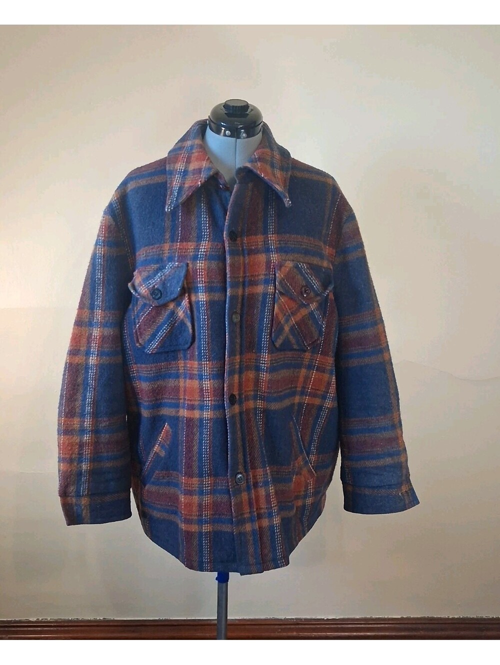 Vintage Wool Jacket 70s plaid sears sportscoat Size Large Retro blue fall coat